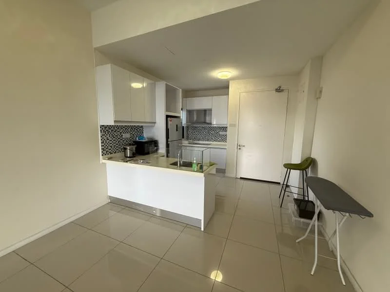Kitchen features: white cabinetry, grey countertop, stainless-steel sink, chrome pull-down faucet, built-in oven, freestanding range oven, microwave, ceramic tile flooring, backsplash with mosaic pattern, refrigerator, island with seating, overhead lighting, wall-mounted cabinets, open shelving; style: modern. Room features: neutral painted walls, large windows, light fixture.