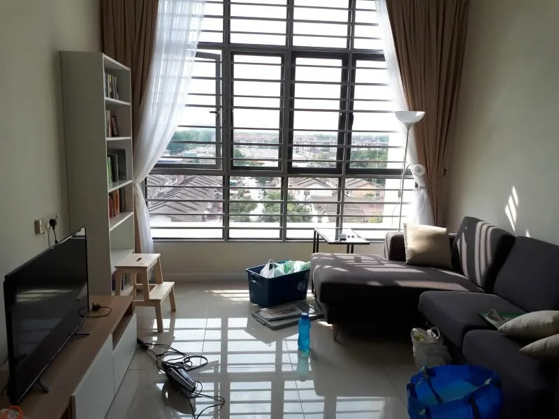 Living features: grey L-shape sectional sofa, white coffee table, TV console, wall-mounted TV, floor-to-ceiling windows, sheer curtains, light-colored walls, glossy tile flooring, reading lamp, bookshelf with books, decorative cushions, plastic storage bins; style: modern; view: city.