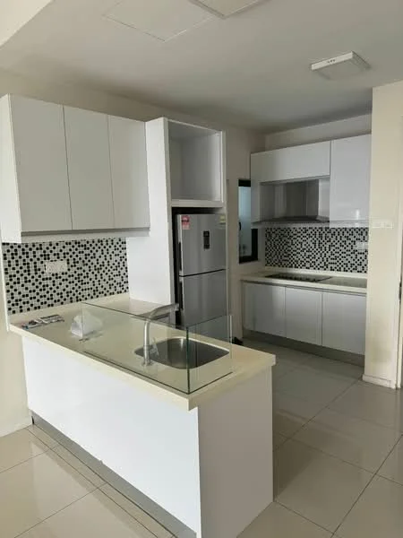 Kitchen features: white cabinetry, black and white mosaic tile backsplash, stainless-steel fridge, built-in oven, 4-burner gas hob, single-bowl stainless-steel sink, chrome pull-down faucet, countertop with integrated glass panel, ceramic tile flooring, recessed downlights, wall-mounted range hood; style: modern.