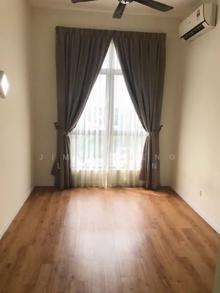 Room features: light wood laminate flooring, cream painted walls, floor-to-ceiling window, sheer curtains, dark grey curtains, 1 wall-mounted split AC, ceiling fan, wall-mounted light fixture; style: modern; view: city.