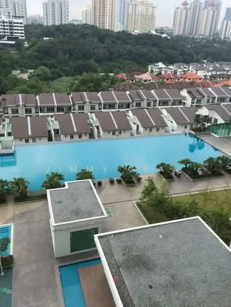 Exterior type: high-rise condominium; features: infinity pool, pool deck with loungers, landscape garden, surrounded by greenery, view of residential houses, city skyline in background; style: modern.