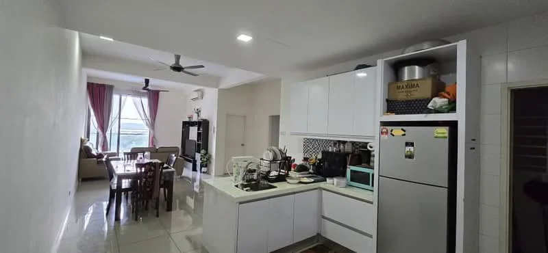 Kitchen features: white cabinetry, stainless-steel fridge, built-in oven, 4-burner gas hob, white countertop, black and white mosaic tile backsplash, single-bowl stainless-steel sink, chrome pull-down faucet, open shelving, kitchen island, pendant light, recessed downlights; style: modern; view: city. Living features: 3-seater fabric sofa, wooden dining table with 4 chairs, floor-to-ceiling windows, curtains, TV console, area rug; style: modern; view: city.