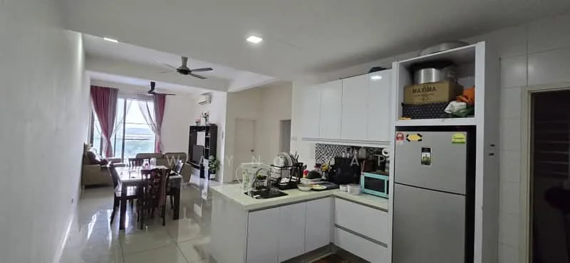 Kitchen features: white cabinetry, stainless-steel fridge, built-in oven, 4-burner gas hob, white countertop, black mosaic tile backsplash, single-bowl stainless-steel sink, chrome pull-down faucet, open shelving, kitchen island, pendant light, recessed downlights; style: modern; view: city. Living features: 3-seater fabric sofa, dining table with chairs, floor-to-ceiling windows, curtains, ceiling fan, wall-mounted air conditioning unit; style: modern; view: city.