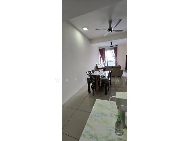 Dining features: 6-seater dining table, upholstered dining chairs, ceiling fan, white painted walls, tile flooring, large window with sheer curtains, decorative wall clock, area rug; style: modern. Living features: sofa, coffee table, TV console, wall-mounted TV, floor-to-ceiling window, light curtains; style: modern.