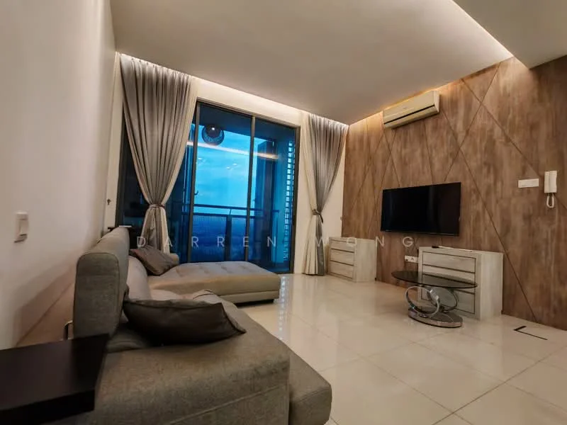 Living features: grey fabric L-shape sectional sofa, white tiled flooring, wood accent wall with geometric pattern, wall-mounted flat-screen TV, white TV console with drawers, floor-to-ceiling windows, sheer curtains, air conditioning unit, recessed LED downlights; style: modern; view: city.