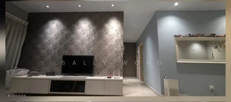 Living features: grey accent wall, light blue painted walls, recessed downlights, wall-mounted TV, white TV console, decorative shelving unit, light-colored flooring, curtains, decorative items on shelf; style: modern.