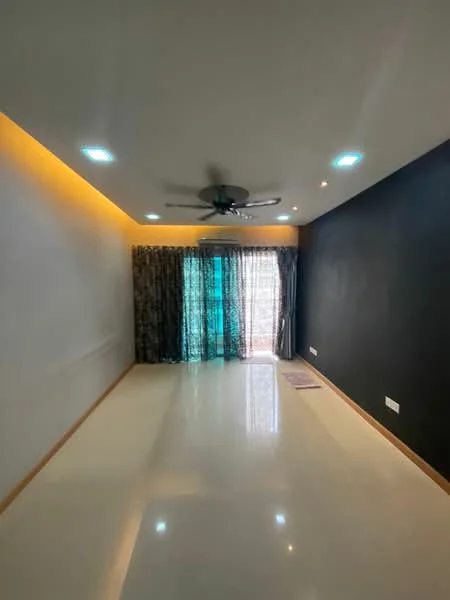 Living features: white painted walls, black accent wall, polished floor tiles, 5-blade ceiling fan with light, recessed downlights, floor-to-ceiling windows, sheer curtains, dark patterned curtains, air conditioning unit, LED strip lighting; style: modern.