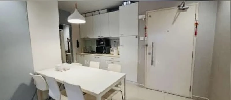 Dining features: white dining table, 4 white dining chairs, pendant light fixture, cream painted walls, tile flooring, built-in cabinetry, microwave, coffee machine, kitchenette area, door to entrance; style: modern.