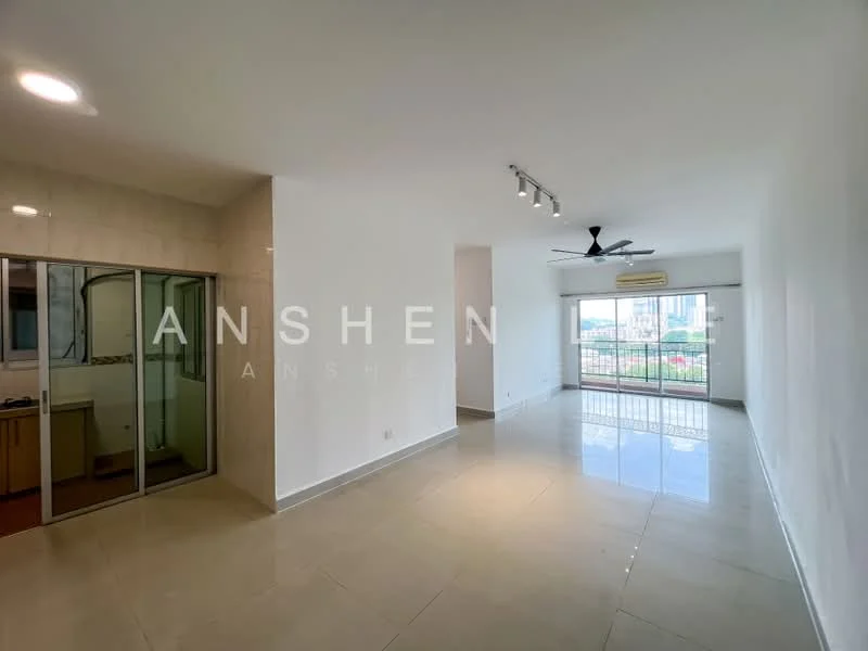 Living features: white painted walls, polished tile flooring, 5-blade ceiling fan with light, floor-to-ceiling windows, sliding glass door, city view, recessed downlights, air conditioning unit; style: modern; view: city. Kitchen features: white cabinetry, countertop, sink, kitchen appliances visible; style: modern.
