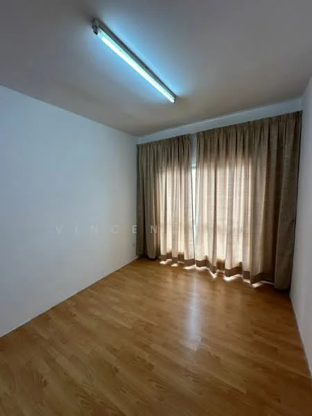 Room features: light wood laminate flooring, white painted walls, floor-to-ceiling windows, sheer curtains, LED strip lighting; style: modern.