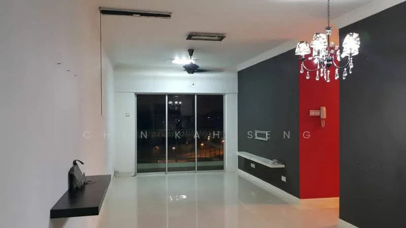 Living features: white painted walls, grey accent wall, polished tile flooring, 5-blade ceiling fan with light, chandelier, floor-to-ceiling sliding glass door, balcony access, wall-mounted intercom, decorative wall shelf, recessed lighting; style: modern; view: city.