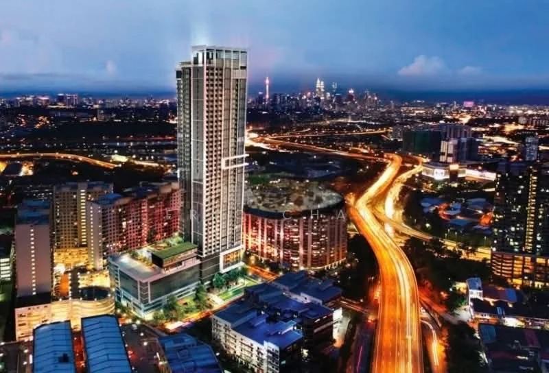 Exterior type: high-rise condominium; features: glass curtain wall, recessed balconies, feature lighting at night, surrounded by urban landscape, city skyline view in background, multiple levels with greenery, prominent height, modern architectural design; style: modern.