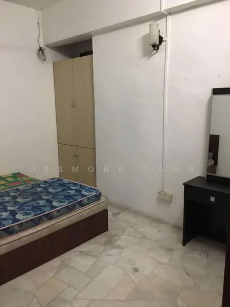 Bedroom features: single bed with mattress, built-in wardrobe with sliding doors, dressing table with mirror, white painted walls, marble flooring, wall-mounted sconce light, window with no visible treatment.