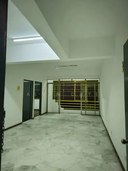 Room features: white painted walls, marble tile flooring, dropped ceiling, ceiling light, security grille door, open space layout.