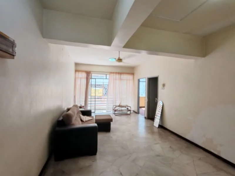 Living features: cream painted walls, marble flooring, 5-blade ceiling fan, floor-to-ceiling windows, sheer curtains, sofa in beige, coffee table, sliding glass door, access to balcony.
