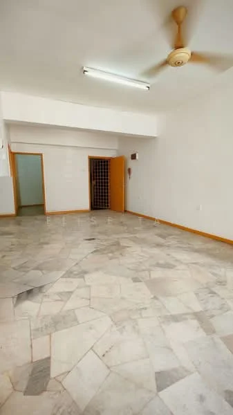 Room features: marble flooring, white painted walls, ceiling fan, fluorescent ceiling light, wooden door, open layout, large empty space.