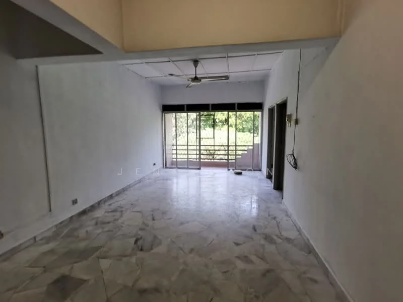 Room features: white painted walls, marble flooring, ceiling fan, large sliding glass door, window with view to outdoor space, open layout, natural light from windows, no visible furniture; style: minimalist; view: garden.