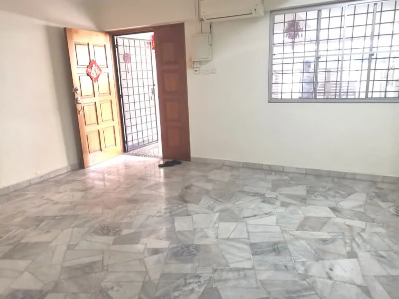 Room features: marble flooring, white painted walls, wooden door, grid-patterned window, air conditioning unit, sliding door, decorative wall hanging, door mat.