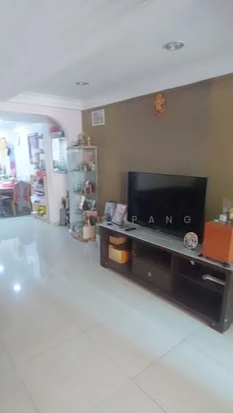 Living features: white painted walls, glossy ceramic tile flooring, recessed downlights, wall-mounted TV, wooden TV console, glass display cabinet, decorative wall art, open layout to dining area; style: modern.