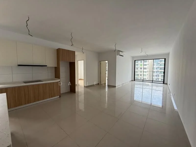 Living features: white painted walls, glossy tile flooring, ceiling with decorative hanging fixtures, floor-to-ceiling windows, split air conditioning unit, open kitchen layout, kitchen island with countertop, wood cabinetry, neutral color scheme; style: modern; view: city. Kitchen features: white cabinetry, kitchen island, stainless-steel sink, built-in oven, ceramic cooktop, neutral backsplash; style: modern.