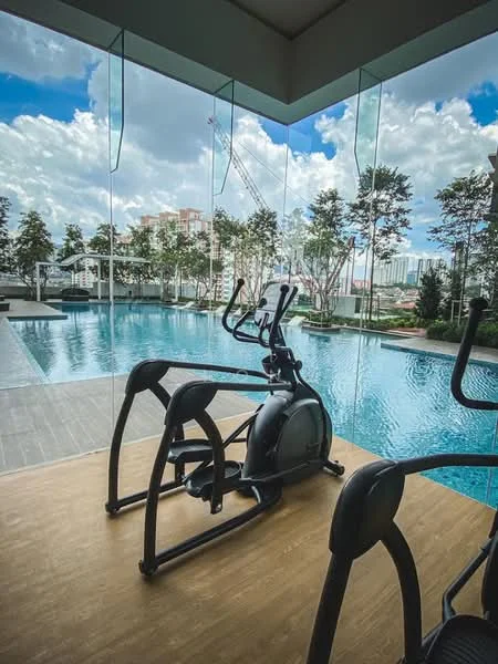 Room features: elliptical machine, large glass windows, wooden flooring, view of swimming pool, view of city skyline, outdoor greenery, cloudy sky; style: modern; view: pool.