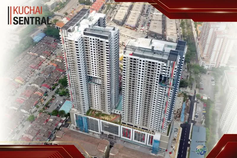 Exterior type: high-rise condominium; features: glass curtain wall, projecting balconies, landscaped rooftop garden, multiple building towers, surrounded by urban landscape, parking deck visible, swimming pool area, modern architectural design; style: modern.