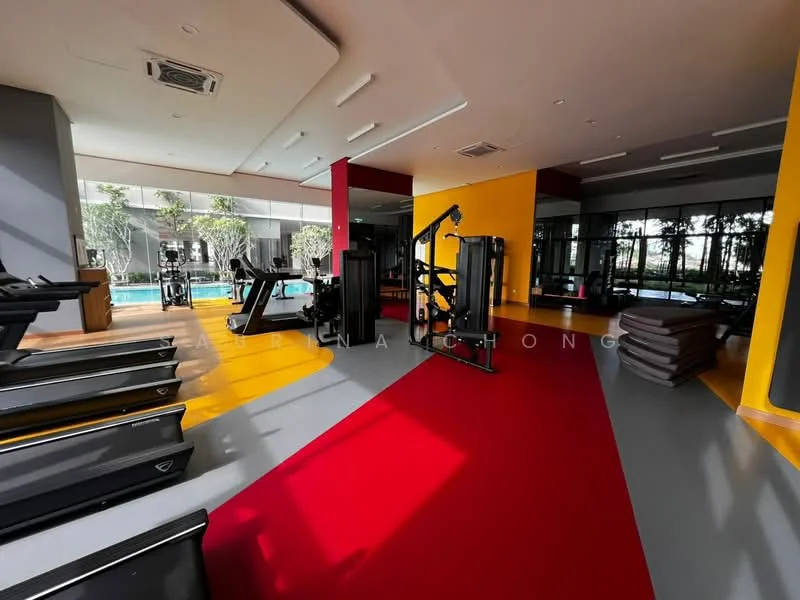 Room features: treadmills, weight training machines, red rubber flooring, grey rubber flooring, large windows, indoor pool view, yellow accent walls, grey walls, air conditioning unit, mirrored wall, exercise mats; style: modern; view: pool.