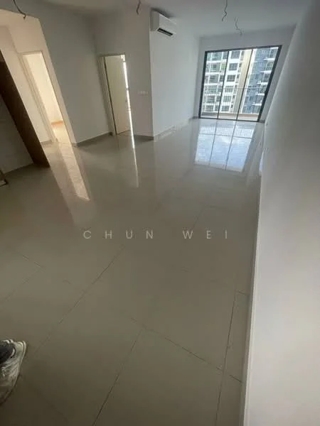 Room features: glossy ceramic tile flooring, white painted walls, floor-to-ceiling windows, air conditioning unit, natural light from windows, neutral color scheme, open layout, no visible furniture; style: modern; view: city.
