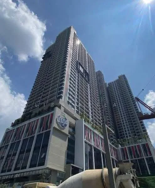 Exterior type: high-rise condominium; features: glass curtain wall, projecting balconies, feature lighting at night, multiple storeys, commercial space at ground level, surrounded by urban landscape; style: modern.
