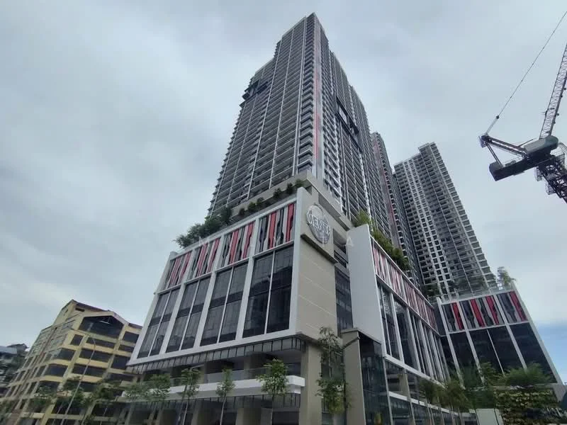 Exterior type: high-rise condominium; features: glass curtain wall, white painted facade, recessed balconies, feature lighting at night, approximately 30-storey high-rise, manicured landscaping, surrounded by mature greenery, commercial space at ground level, construction crane visible, modern architectural design; style: modern.