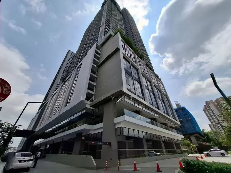 Exterior type: high-rise condominium; features: glass curtain wall, grey painted facade, recessed balconies, projecting balconies, multiple storeys, landscaped entrance, surrounded by mature greenery; style: modern.