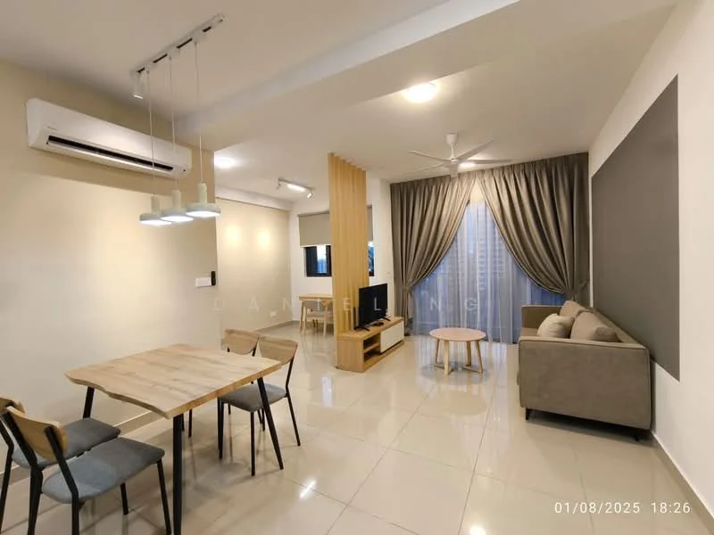 Living features: 3-seater fabric sofa in light grey, coffee table, wall-mounted TV, dining table with 4 chairs, 5-blade ceiling fan with light, 1 wall-mounted split AC, curtains in grey, tile flooring, light beige painted walls, decorative wall panel, recessed downlights; style: modern.
