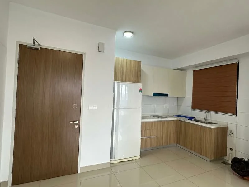 Kitchen features: white cabinetry, wooden cabinet doors, stainless-steel fridge, built-in sink, single-bowl stainless-steel sink, chrome faucet, white countertop, ceramic tile backsplash, wall-mounted cabinets, under-cabinet lighting, tile flooring, window with roller blinds, door with wood finish; style: modern.