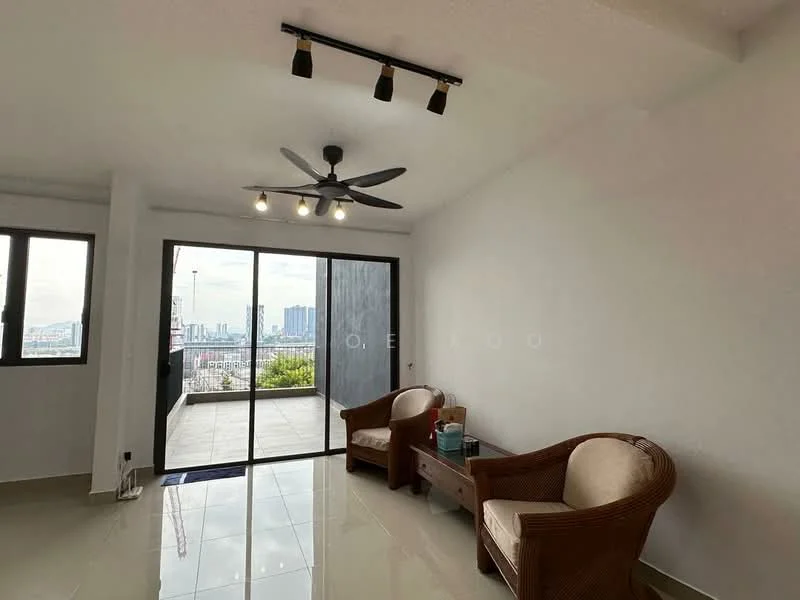 Living features: white painted walls, glossy ceramic tile flooring, 5-blade ceiling fan with light, floor-to-ceiling windows, sliding glass door, two rattan armchairs, wooden coffee table, city skyline view; style: modern; view: city.