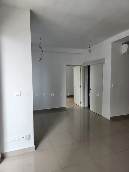 Room features: white painted walls, tile flooring, recessed ceiling lights, 1 wall-mounted split AC, doorway leading to another room, sliding door closet, neutral color scheme.