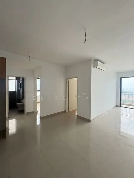 Room features: white painted walls, glossy tile flooring, 1 wall-mounted split AC, floor-to-ceiling windows, city view, doorway leading to another room, doorway leading to bathroom, natural light from windows; style: modern; view: city.