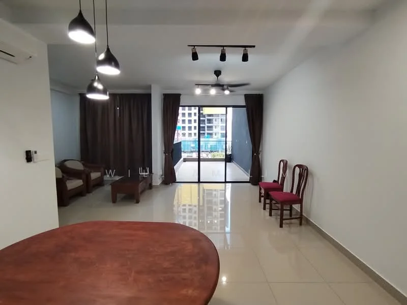 Living features: white painted walls, glossy tile flooring, 5-blade ceiling fan with light, recessed downlights, floor-to-ceiling sliding glass door, curtains, wooden coffee table, 2-seater fabric sofa, 2 wooden chairs with red upholstery, decorative wall art; style: modern; view: pool.