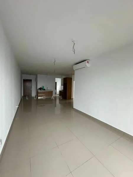 Room features: white painted walls, polished ceramic tile flooring, 1 wall-mounted split AC, recessed ceiling lights, open layout, large windows, neutral color scheme, minimalist design; style: modern.