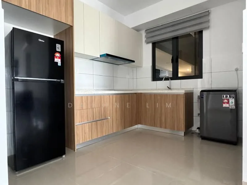 Kitchen features: black fridge, stainless-steel range hood, white countertop, wood cabinetry with light wood finish, white tiled backsplash, grey ceramic tile flooring, window with black frame, built-in sink, microwave, kitchen cabinet with handle-less design; style: modern.