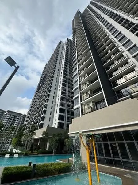 Exterior type: high-rise condominium; features: glass curtain wall, exposed concrete facade, recessed balconies, vertical fins, water feature with fountain, swimming pool deck, manicured landscaping, outdoor lighting, surrounded by greenery; style: modern.