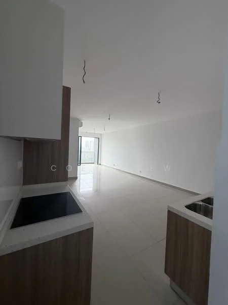 Room features: white painted walls, marble tile flooring, kitchen countertop with integrated sink, wood cabinetry, open layout, large windows, recessed ceiling lights, sliding glass door leading to balcony; style: modern.