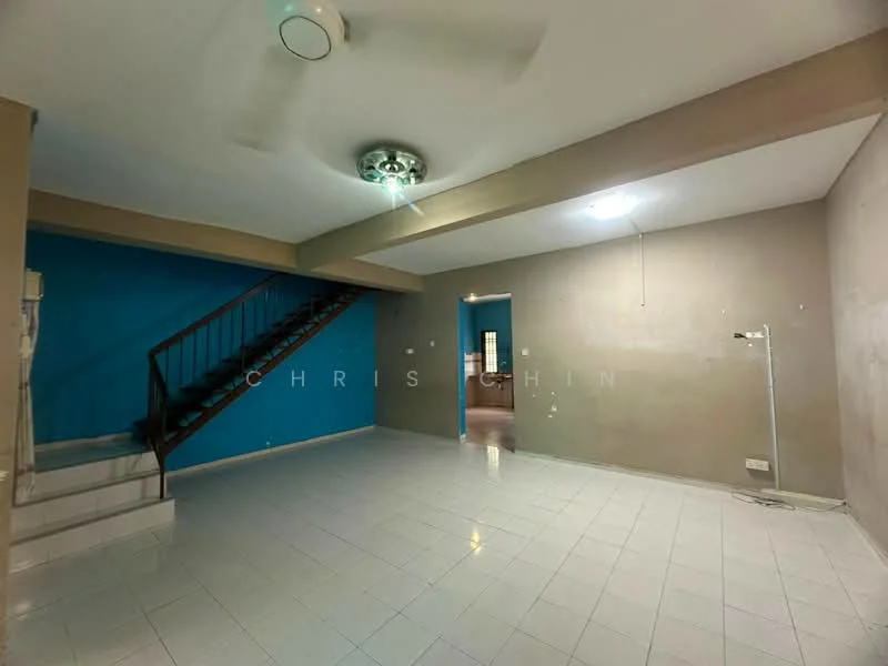 Living features: white tiled flooring, cream painted walls, blue accent wall, ceiling fan, staircase with black railing, recessed lighting, floor lamp, open layout; style: modern.