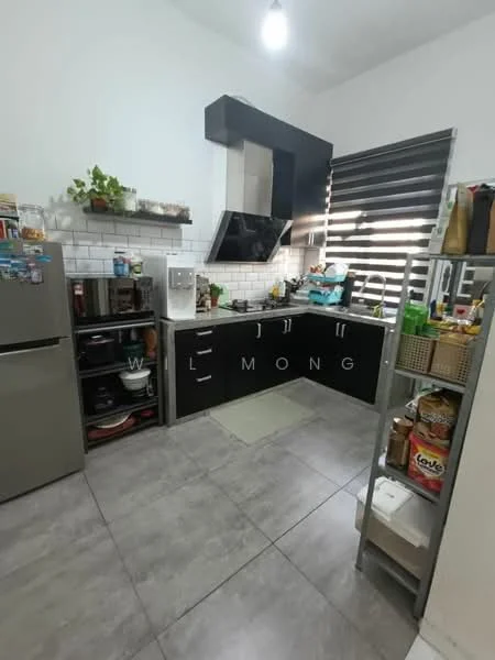Kitchen features: black cabinetry, white subway tile backsplash, stainless-steel range hood, built-in oven, 4-burner gas hob, single-bowl stainless-steel sink, chrome pull-down faucet, grey tiled flooring, refrigerator, open shelving, window with blinds, countertop with storage, kitchen appliances, decorative plants; style: modern.