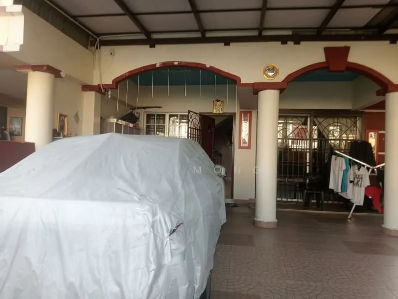 Exterior type: detached bungalow; features: covered porch area, columns with decorative caps, tiled flooring, car parked under cover, metal gate, decorative wall panels, clothes drying rack, open layout, exposed beams on ceiling; style: traditional.