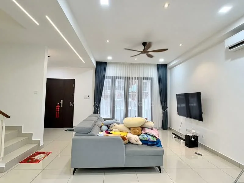 Living features: grey fabric sectional sofa, decorative cushions, wall-mounted TV, white painted walls, recessed LED downlights, ceiling fan, large windows with sheer curtains, tile flooring, area rug, decorative wall art; style: modern.