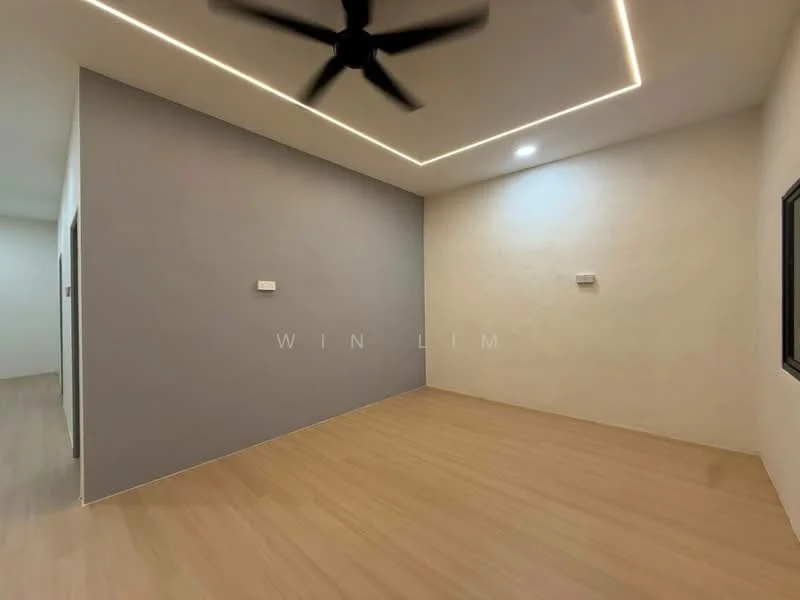 Room features: light wood laminate flooring, grey accent wall, white painted walls, recessed LED downlights, ceiling fan, window with black frame; style: modern.