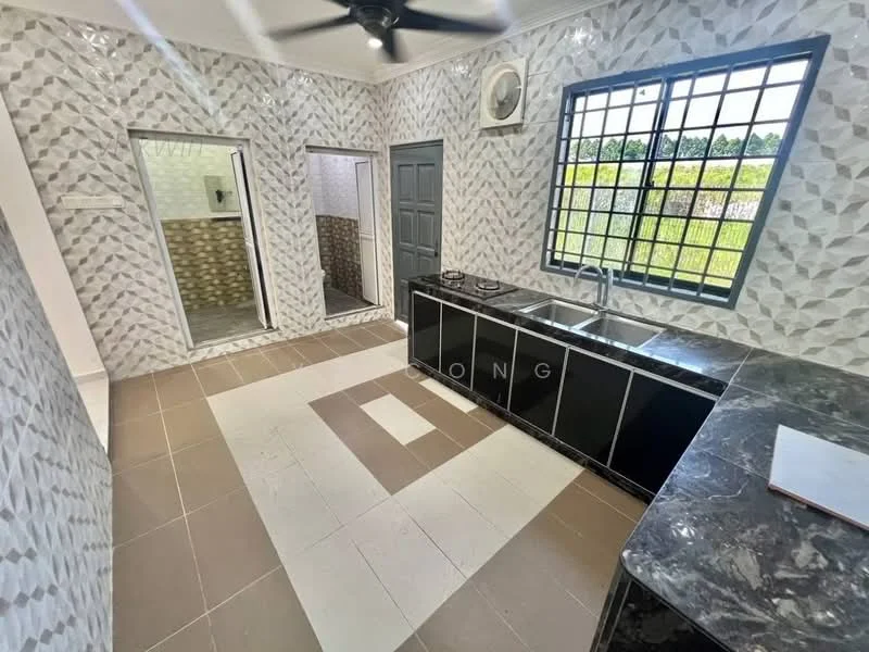 Kitchen features: black cabinetry with glossy finish, marble countertop, single-bowl stainless-steel sink, chrome pull-down faucet, built-in gas hob, geometric patterned wall tiles in grey and white, cream tiled flooring, floor-to-ceiling window, ceiling fan, open layout to adjacent rooms; style: modern; view: garden. Room features: grey painted walls, doorway leading to bathroom, doorway leading to another room, decorative wall tiles, window with grid design.