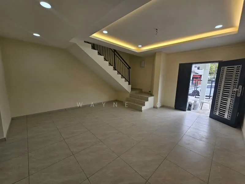 Room features: cream painted walls, tile flooring, staircase with metal railing, recessed downlights, large glass door, window with security grille, open layout, neutral color scheme; style: modern.