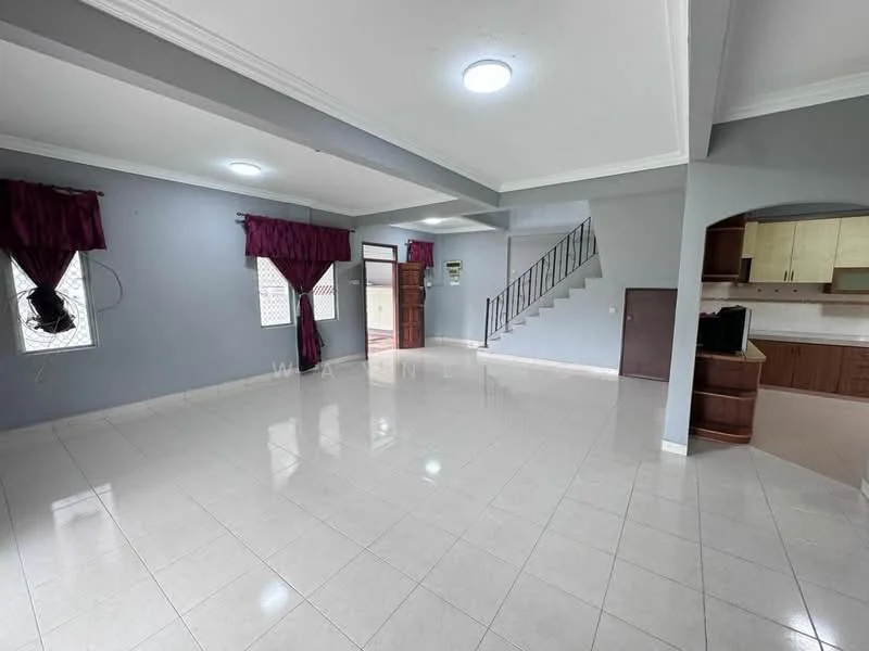 Living features: white painted walls, grey accent wall, glossy tile flooring, recessed downlights, large windows with sheer curtains, double-door main entrance, staircase with metal railing, open layout, air conditioning unit, wall-mounted electrical outlets; style: modern.