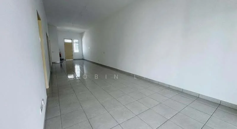 Room features: white painted walls, glossy tile flooring, large windows, neutral color scheme, no visible furniture, open layout, ceiling lights, doorway leading to another room; style: modern.